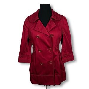 Y2K Juicy Couture Red Double Breasted Trench Coat 3/4 Sleeve Gold Buttons Size S